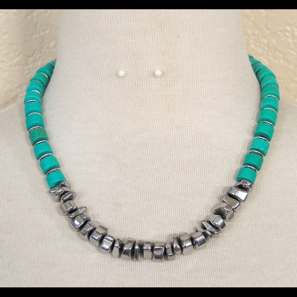 Handmade Jewelry - Southwestern Silver Hematite & Turquoise necklace